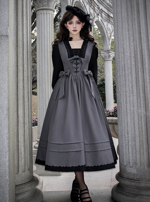 Mist Chronicle Series Elegant Classic Lolita European Square Collar Grayish Black Patchwork Faux Two Piece Long Dress