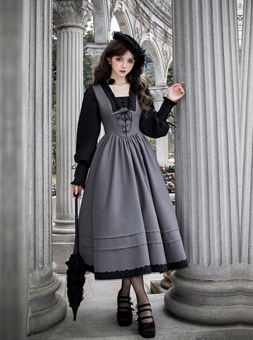 Mist Chronicle Series Elegant Classic Lolita European Square Collar Grayish Black Patchwork Faux Two Piece Long Dress