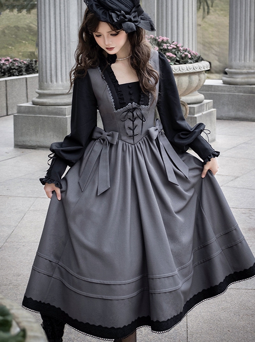 Mist Chronicle Series Elegant Classic Lolita European Square Collar Grayish Black Patchwork Faux Two Piece Long Dress