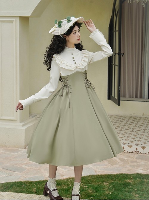 Wind Kissed Garden Series Elegant Classic Lolita Spring Daily Green Ruff Collar Long Sleeve Dress