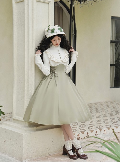 Wind Kissed Garden Series Elegant Classic Lolita Spring Daily Green Ruff Collar Long Sleeve Dress