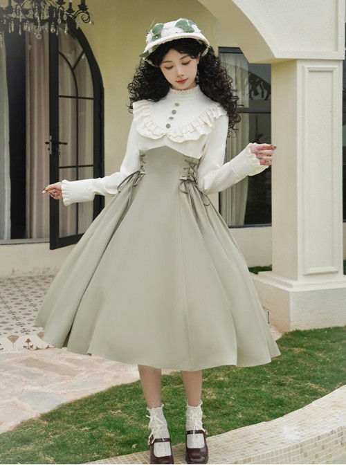 Wind Kissed Garden Series Elegant Classic Lolita Spring Daily Green Ruff Collar Long Sleeve Dress