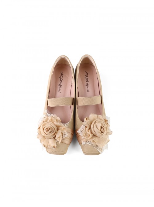 Rose Poetry Series Elegant Classic Lolita Silk Flower Simple Comfortable Square Toe Ballet Low Heel Shoes