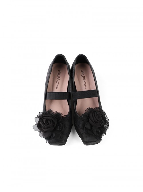 Rose Poetry Series Elegant Classic Lolita Silk Flower Simple Comfortable Square Toe Ballet Low Heel Shoes