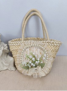 Handmade Classic Lolita Elegant Lily Valley Floral Charming Pastoral Style Nature Beige Woven Bag