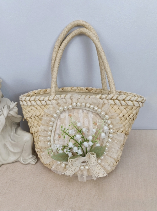 Handmade Classic Lolita Elegant Lily Valley Floral Charming Pastoral Style Nature Beige Woven Bag