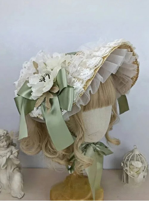 Handmade Classic Lolita Elegant Flowers Pastoral Lace Ruffles Chic Straw Braid Bonnet Hat