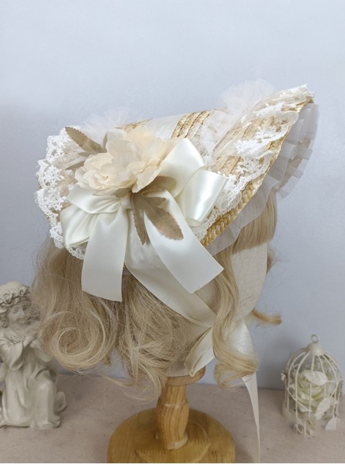 Handmade Classic Lolita Elegant Flowers Pastoral Lace Ruffles Chic Straw Braid Bonnet Hat