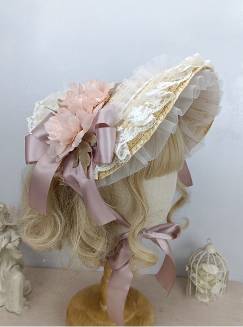 Handmade Classic Lolita Elegant Flowers Pastoral Lace Ruffles Chic Straw Braid Bonnet Hat