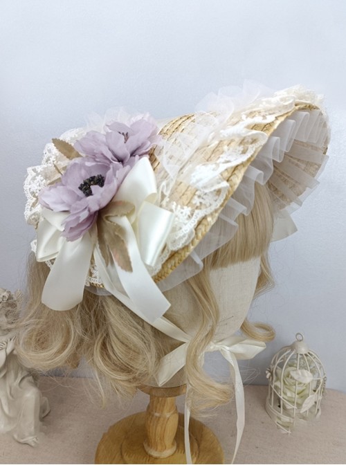 Handmade Classic Lolita Elegant Flowers Pastoral Lace Ruffles Chic Straw Braid Bonnet Hat