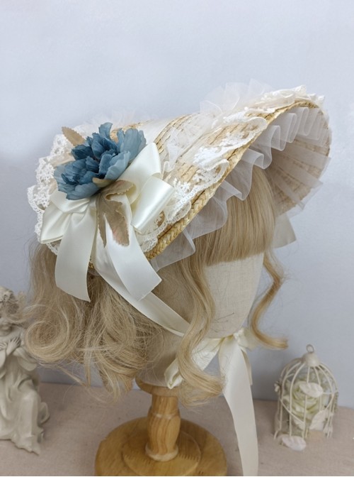 Handmade Classic Lolita Elegant Flowers Pastoral Lace Ruffles Chic Straw Braid Bonnet Hat