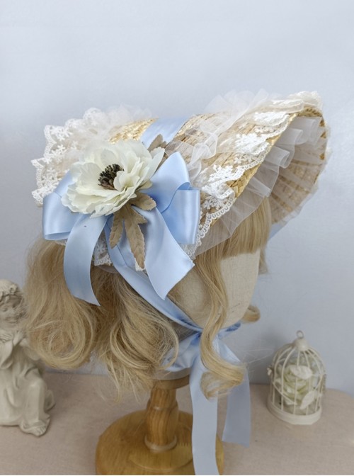 Handmade Classic Lolita Elegant Flowers Pastoral Lace Ruffles Chic Straw Braid Bonnet Hat