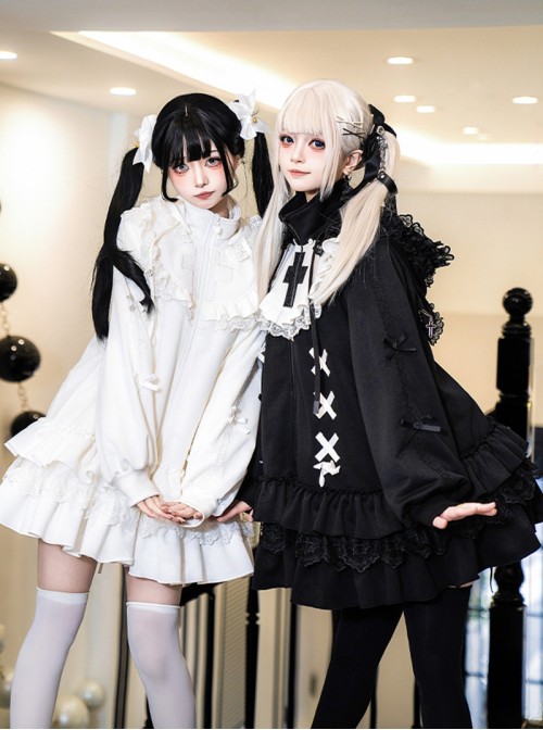 Doll Setting Series Sweet Lolita Kawaii Otaku Culture Cool Cross Japanese Jirai Kei Bowknot Lace Loose Long Sweatshirt