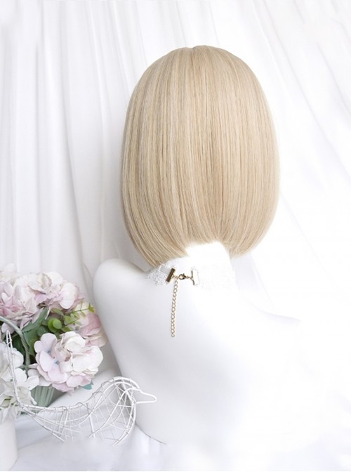 Bo Bo Bear Series Sweet Lolita White Golden Japanese Style Soft Girl Kawaii Straight Bangs Short Wig