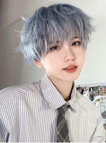 Fei Series Stylish Chic Japanese Harajuku Boyish Lolita Blue Grey Gradient Short Curly Wig