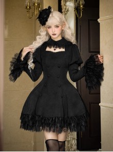 Midnight Whisper Series Vintage Spring Gothic Lolita Hollow Chest Bubble Sleeves Black Lace Patchwork Dress