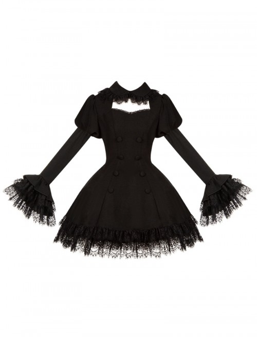 Midnight Whisper Series Vintage Spring Gothic Lolita Hollow Chest Bubble Sleeves Black Lace Patchwork Dress