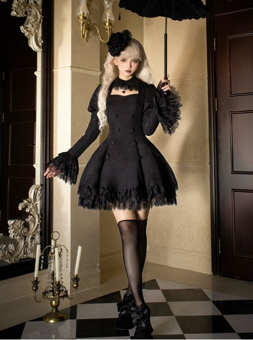 Midnight Whisper Series Vintage Spring Gothic Lolita Hollow Chest Bubble Sleeves Black Lace Patchwork Dress