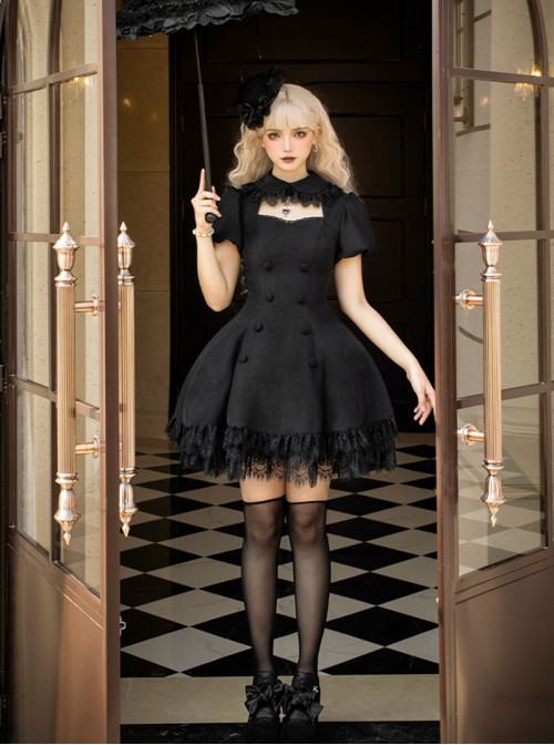 Midnight Whisper Series Vintage Spring Gothic Lolita Hollow Chest Bubble Sleeves Black Lace Patchwork Dress