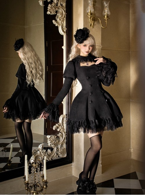 Midnight Whisper Series Vintage Spring Gothic Lolita Hollow Chest Bubble Sleeves Black Lace Patchwork Dress