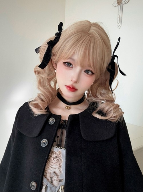 Soft Candy Sweetheart Series Sweet Lolita Golden Vintage Doll Bob Clamp Curl Twin Ponytail Roman Curls Wig