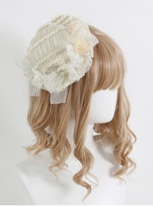 Elegant French Classic Lolita Antique Lace Mesh Bowknot Flower Heart Pearl Detail Bonnet