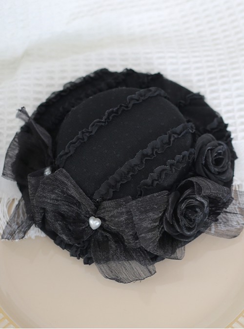 Elegant French Classic Lolita Antique Lace Mesh Bowknot Flower Heart Pearl Detail Bonnet