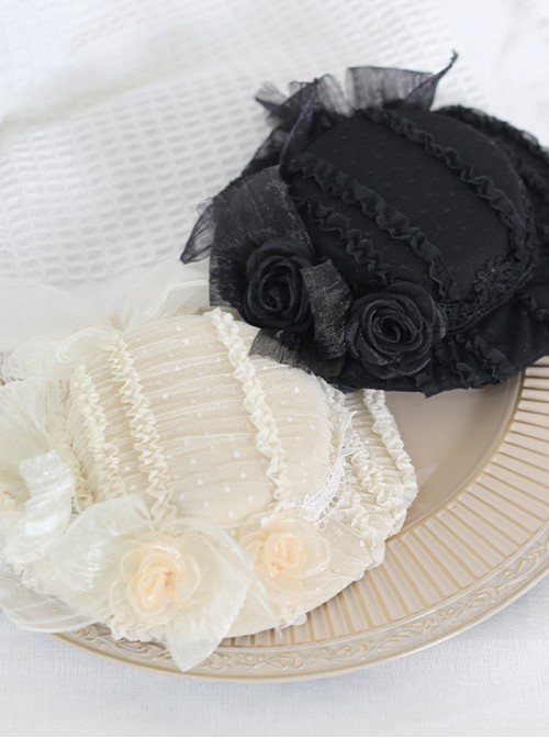 Elegant French Classic Lolita Antique Lace Mesh Bowknot Flower Heart Pearl Detail Bonnet