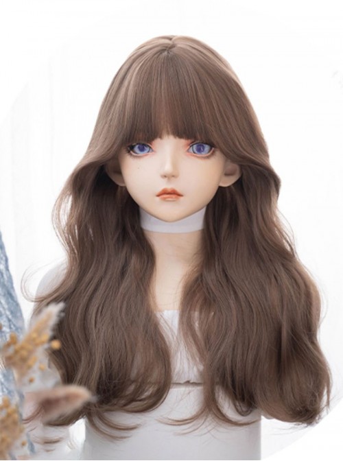 Caramel Cocoa Classic Lolita Japanese Bangs Honey Tea Linen Brown Gentle Elegant Large Wavy Curls Hair Wig