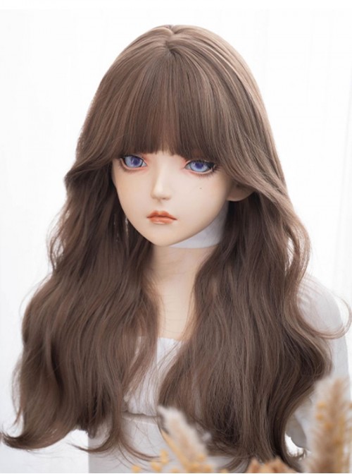 Caramel Cocoa Classic Lolita Japanese Bangs Honey Tea Linen Brown Gentle Elegant Large Wavy Curls Hair Wig