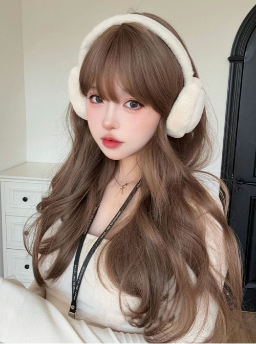 Caramel Cocoa Classic Lolita Japanese Bangs Honey Tea Linen Brown Gentle Elegant Large Wavy Curls Hair Wig