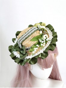 French Edwardian Classic Lolita Lily Valley Petal Lace Forest Green Silk Ruffle Brim Straw Hat