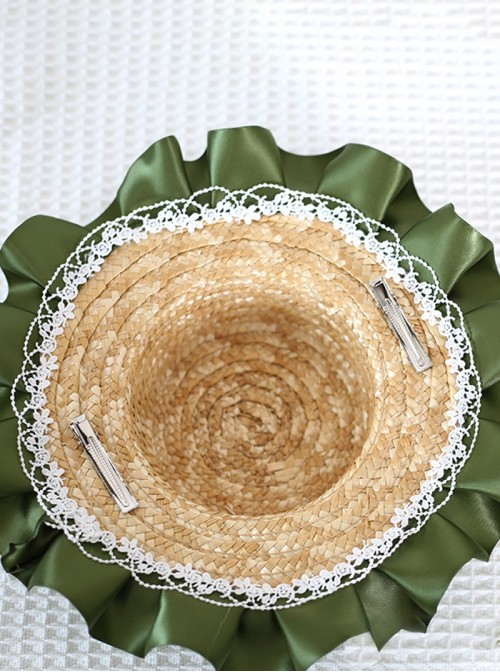 French Edwardian Classic Lolita Lily Valley Petal Lace Forest Green Silk Ruffle Brim Straw Hat