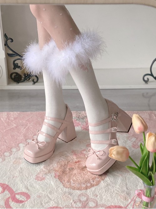 Kawaii French Girl Rhinestone Bowknot Triple Buckle Patent Leather Sweet Lolita Platform Chunky High Heel Shoes