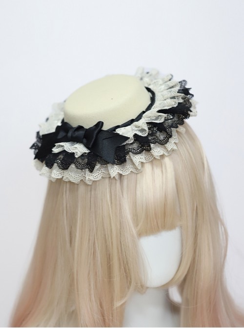 Handmade Classic Lolita British Style Vintage Bowknot Multi Layer Lace Pleated Ruffle Round Flat Bonnet Hat