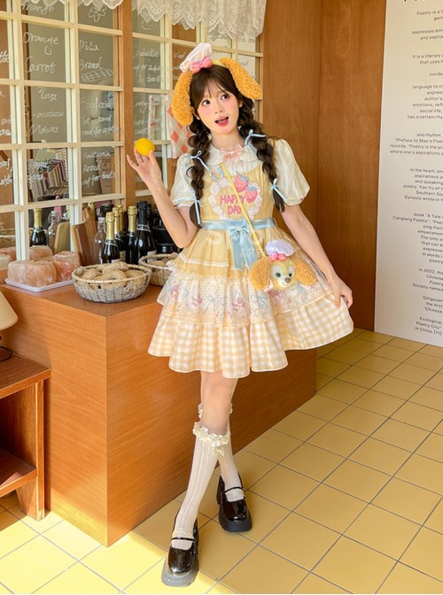 Yellow Cream Strawberry Cake Collar Kawaii Fashion Sweet Cute Daily Princess Lolita Bubble Sleeve Dress