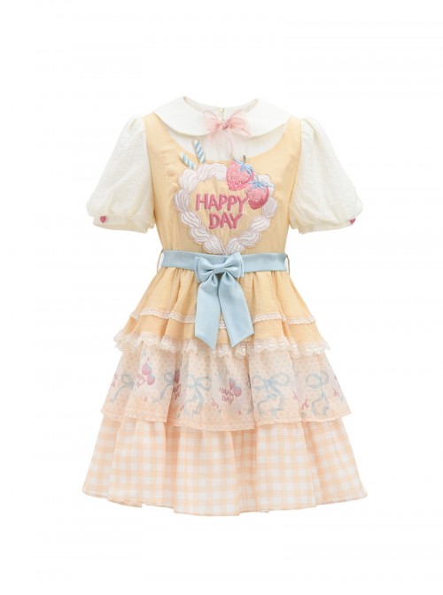 Yellow Cream Strawberry Cake Collar Kawaii Fashion Sweet Cute Daily Princess Lolita Bubble Sleeve Dress