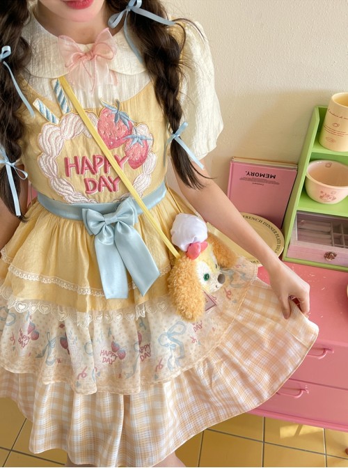 Yellow Cream Strawberry Cake Collar Kawaii Fashion Sweet Cute Daily Princess Lolita Bubble Sleeve Dress