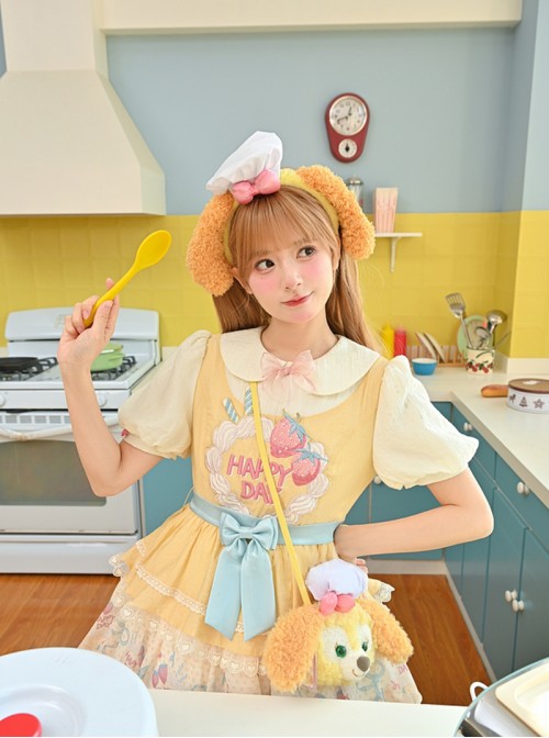 Yellow Cream Strawberry Cake Collar Kawaii Fashion Sweet Cute Daily Princess Lolita Bubble Sleeve Dress