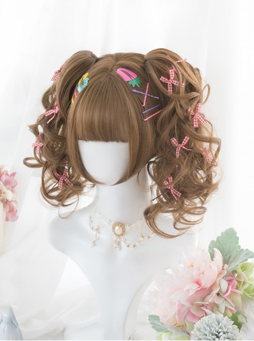 Lilith Series Kawaii Sweet Lolita Japanese Honey Pudding Brown Curly Twin Ponytail Wig