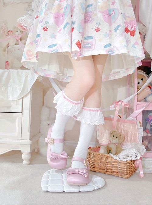 Hugging Bear Series Kawaii Sweet Lolita Satin PU Round Toe Cute Low Heel Mary Jane Princess Shoes