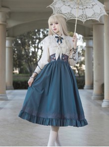 Nameless Elegy Classic Lolita Exquisite British Style Long Sleeve Blouse Lace Shawl Dark Blue Skirt Set