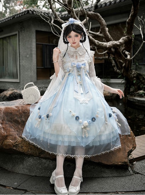 Butterfly Whisper Series Dreamy Sweet Lolita Chinese Style Bowknot Lace Straps Square Neck Sleeveless Dress