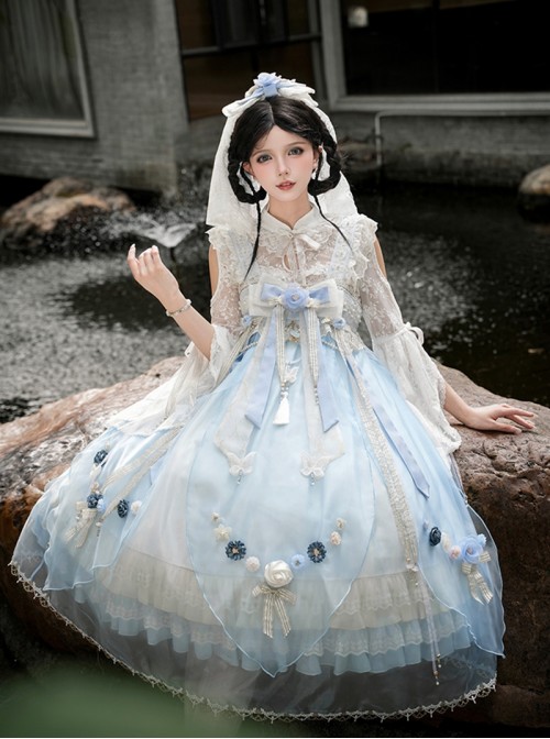 Butterfly Whisper Series Dreamy Sweet Lolita Chinese Style Bowknot Lace Straps Square Neck Sleeveless Dress