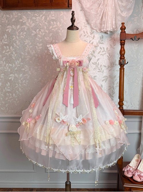 Butterfly Whisper Series Dreamy Sweet Lolita Chinese Style Bowknot Lace Straps Square Neck Sleeveless Dress