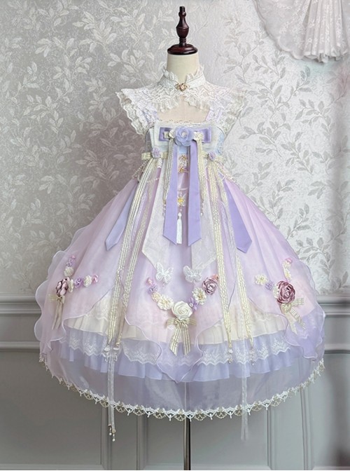 Butterfly Whisper Series Dreamy Sweet Lolita Chinese Style Bowknot Lace Straps Square Neck Sleeveless Dress