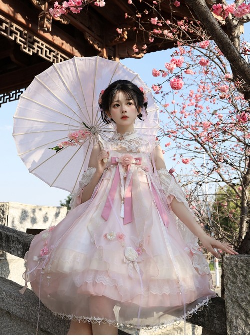 Butterfly Whisper Series Dreamy Sweet Lolita Chinese Style Bowknot Lace Straps Square Neck Sleeveless Dress