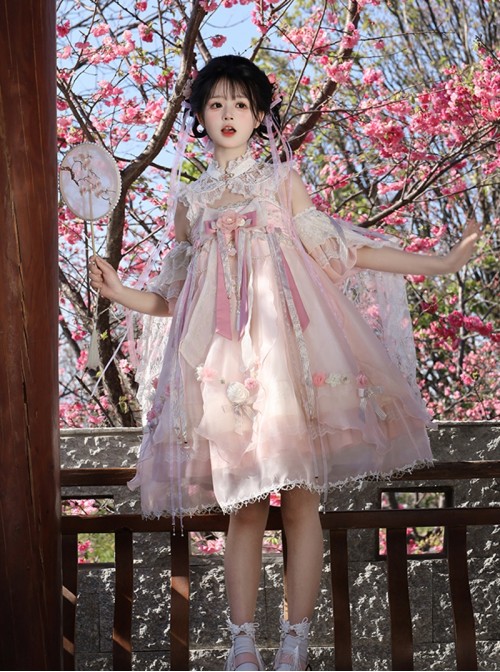 Butterfly Whisper Series Dreamy Sweet Lolita Chinese Style Bowknot Lace Straps Square Neck Sleeveless Dress