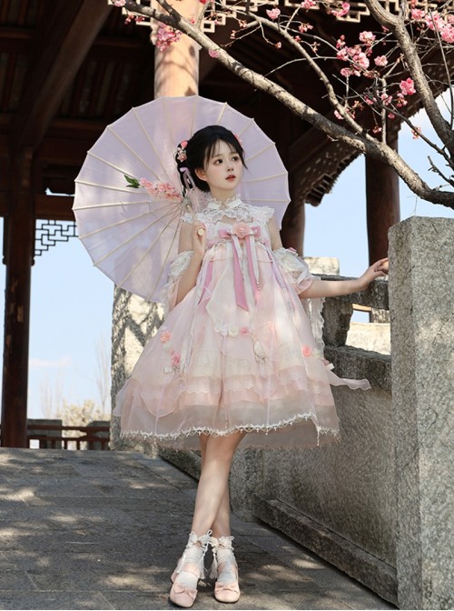 Butterfly Whisper Series Dreamy Sweet Lolita Chinese Style Bowknot Lace Straps Square Neck Sleeveless Dress