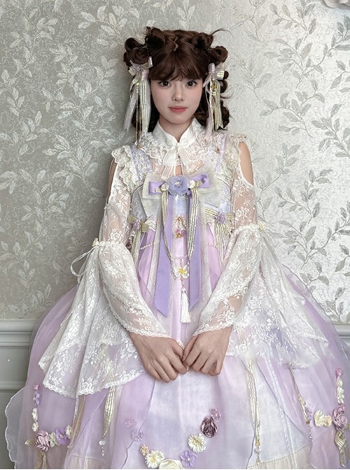 Butterfly Whisper Series Dreamy Sweet Lolita Chinese Style Cheongsam Collar Lace Ruffle Big Sleeve Blouse